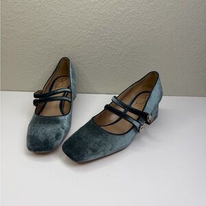 Sam Edelman Teal Tahira Velvet Double Strap Square Toe Mary Jane Pumps Size 7.5